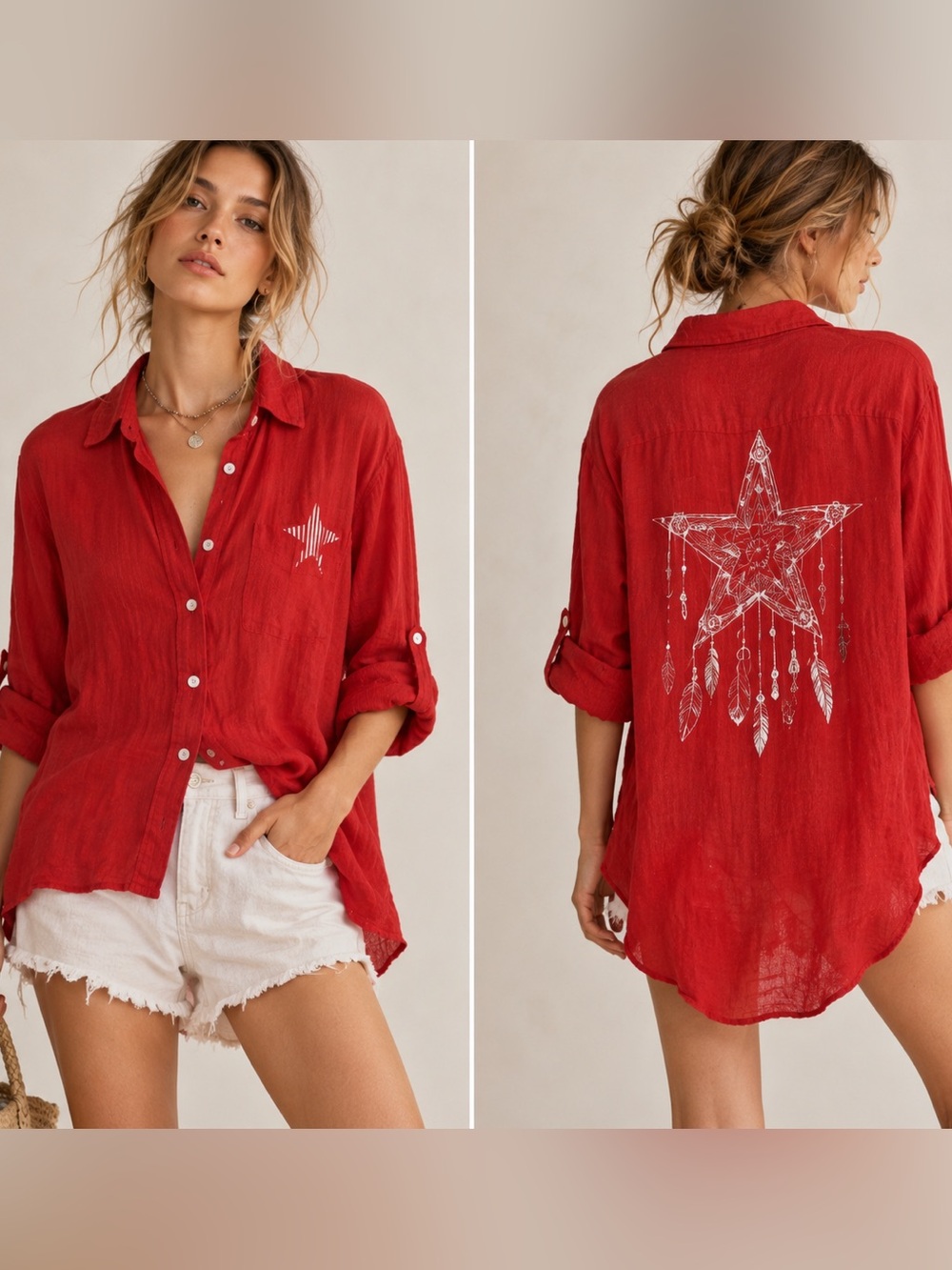 NT Women’s 100% Linen Red Star Dreamcatcher Shirt Made in Italy Boho M/L